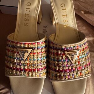 GUESS Multicolor Woven Slide Mules with Gold Triangle Logo